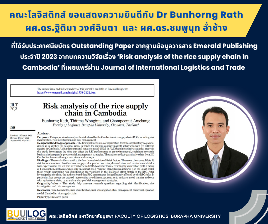 ขอแสดงความยินดีกับ Dr Bunhorng Rath ศิษย์เก่าหลักสูตรปรัชญาดุษฏีบัณฑิต สาขาวิชาการจัดการโลจิสติกส์และโซ่อุปทาน คณะโลจิสติกส์ ได้รับประกาศนียบัตร Outstanding Paper จาก Emerald Publishing ประจำปี 2023