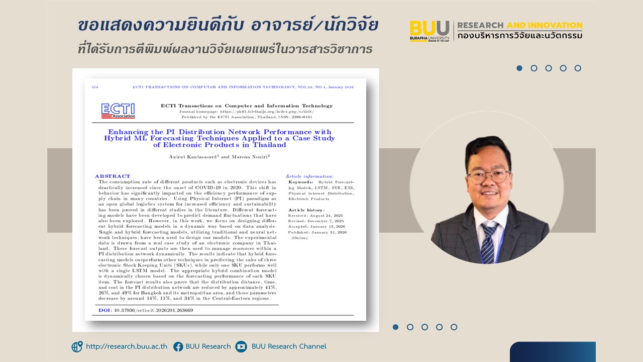 คณะโลจิสติกส์ มหาวิทยาลัยบูรพา ขอแสดงความยินดี กับ ผศ.ดร.อนิรุทธ์ ขันธสะอาด สังกัดคณะโลจิสติกส์ และคณะ