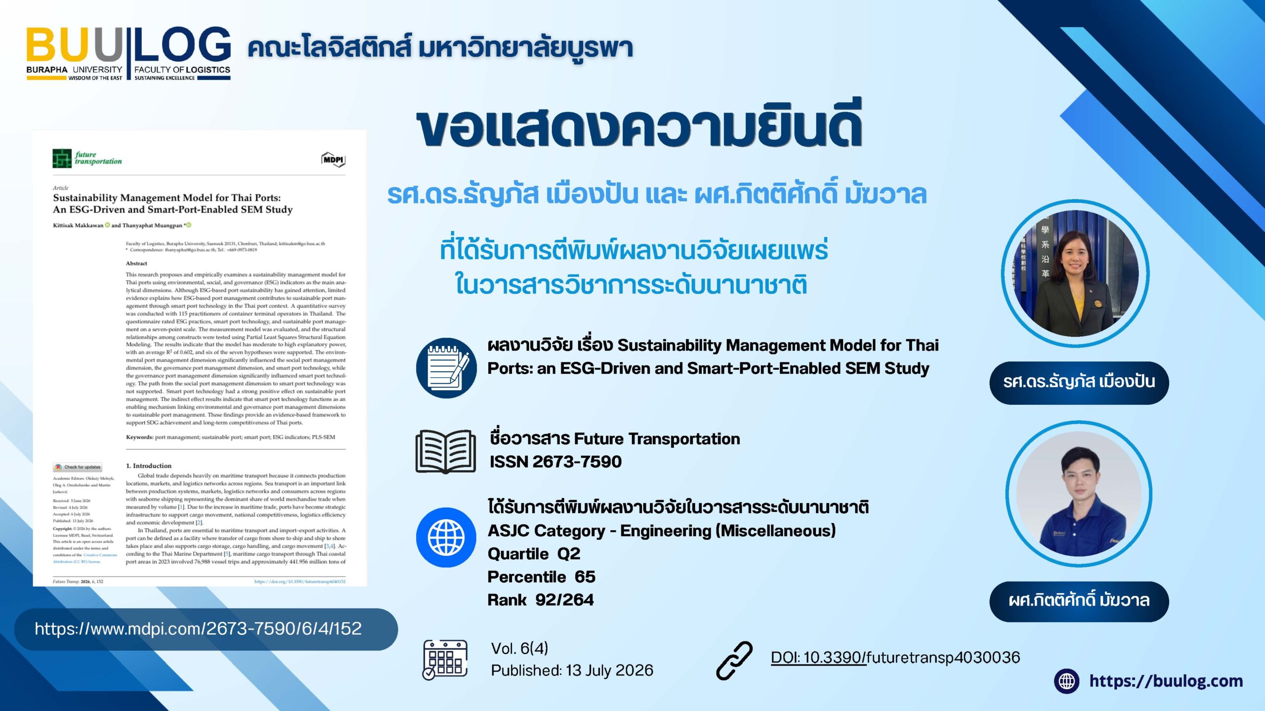 ขอแสดงความยินดีกับ รศ.ดร.ธัญภัส เมืองปัน และ ผศ.กิตติศักดิ์ มัฆวาล