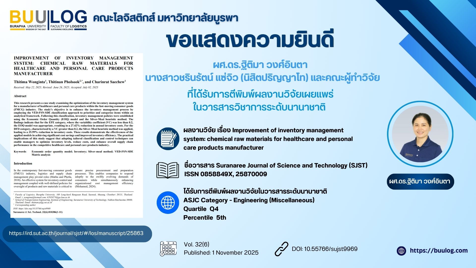 ขอแสดงความยินดีกับ ผศ.ดร.ฐิติมา วงศ์อินตา น.ส.ชรินรัตน์ แซ่จิว และคณะทีมวิจัย
