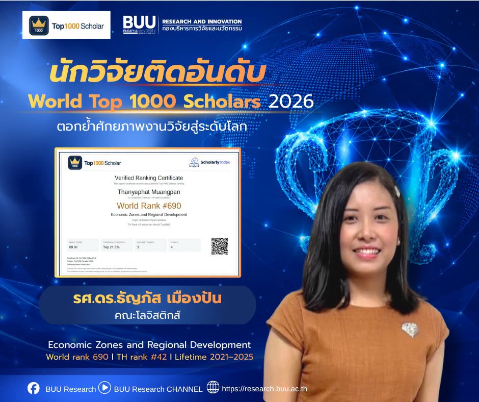 คณะโลจิสติกส์ มหาวิทยาลัยบูรพา ขอแสดงความยินดีกับ รศ.ดร.ธัญภัส เมืองปัน นักวิจัยติดอันดับ World Top 1000 Scholars 2026